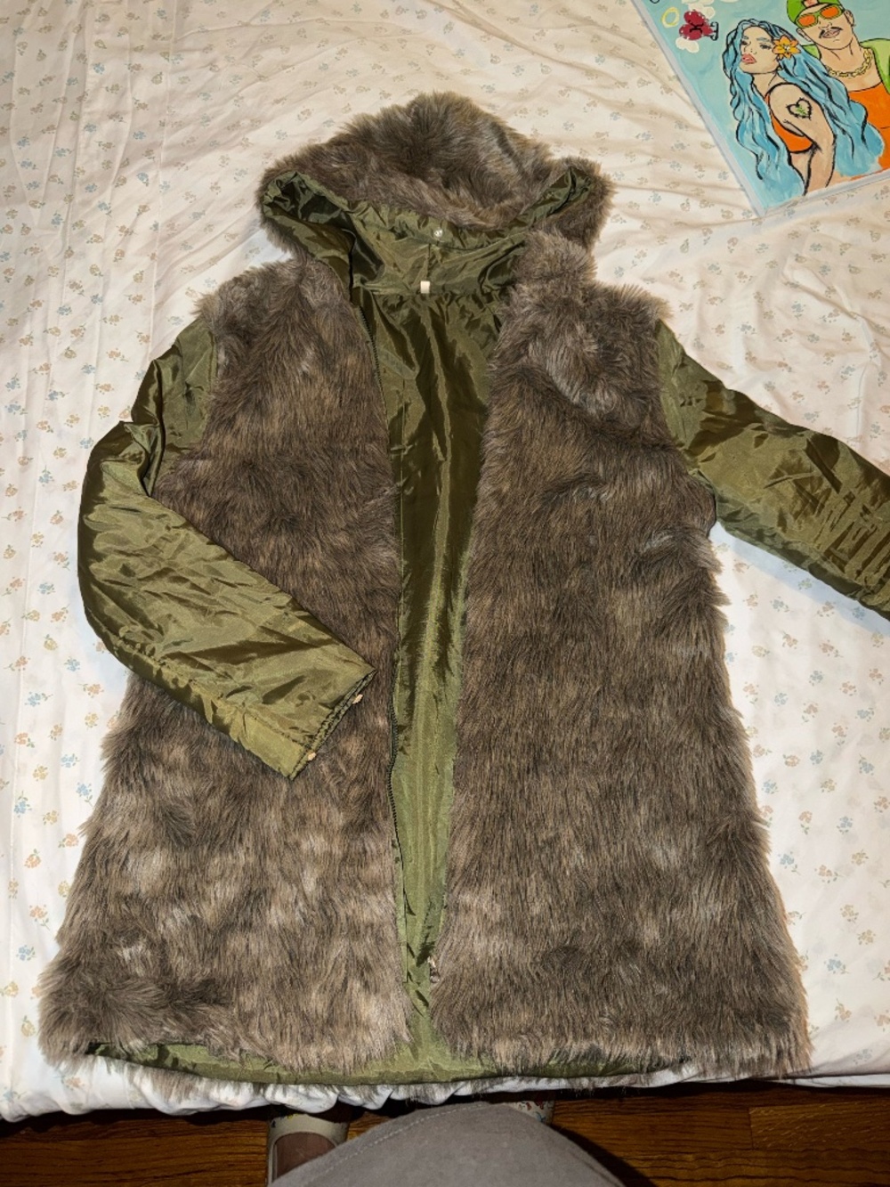 Olive Green Convertible Faux Fur Jacket